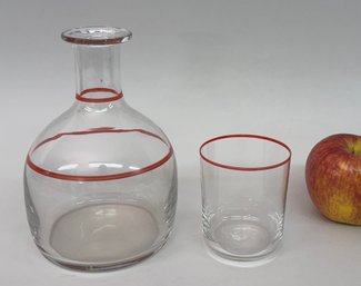 Vintage Clear Glass Carafe And Matching Tumbler With Red Stripes
