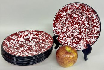 Twelve Red And White Enamel Soup Bowls