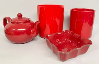 Four Red Stoneware Items