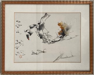 Signed Japanese Watercolor On Fabric With Sea Eagle On Perch And Dragonflies