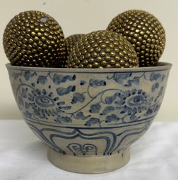 Pottery Bowl, Group Brass Clad Decorative Balls