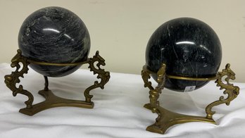 Pair Green Marble Balls, On Brass Stands