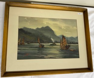 Harbor Scene Watercolor, Kam Cheong Ling (1911-1991)