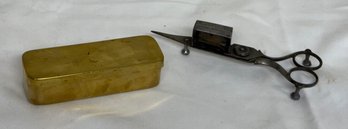 Brass Snuff/Tinder Box & A Scissor Candle Snuffer