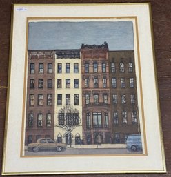 New York Brownstones Watercolor, Signed E. Kozloff