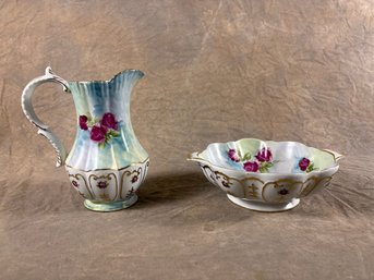 Vintage Porcelain Pitcher And Bowl Set With Rose Decoration
