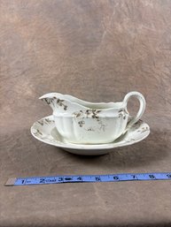 Antique Ironstone  Gravy Boat And Underplate, Floral Transferware Design