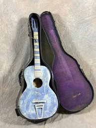 Vintage Regal Acoustic Guitar With Case, Possibly From The 1930s-1940s, Featuring A Trapezoid Tailpiece And A