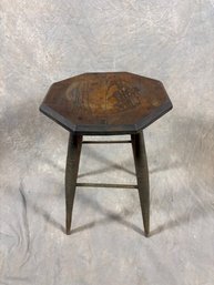 Vintage Wooden Stool With Octagonal Top And Ribbed Legs