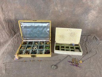 Two Vintage Jewelry Boxes With Assorted Costume Jewelry