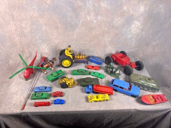 Miscellaneous Box Of Vintage Plastic Toy Cars, Men, Etc.