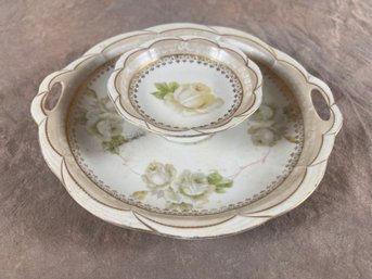 Antique Porcelain Two-Tier Serving Dish With Rose Decoration And Gold Trim