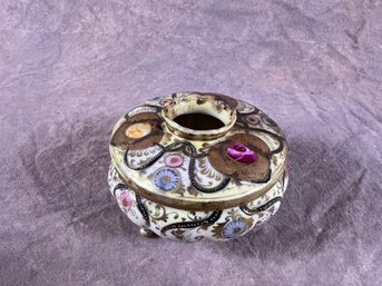 Vintage Nippon Hand Painted Hair Receiver Or Covered Jar With Gold Accents