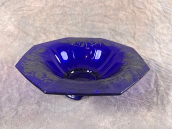 Cobalt Blue Glass Octagonal Footed Bowl With Floral Decoration
