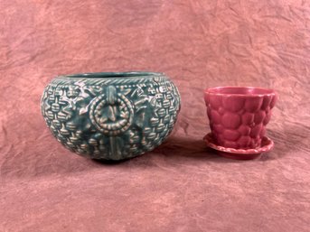Vintage McCoy Pottery Basketweave Hanging Planter And Pink Planter