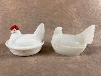 Pair Of Vintage Milk Glass Hens On Nest Dishes