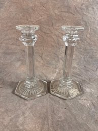 Pair  Of 7 Inch Tall Clear Crystal Glass Candle Sticks