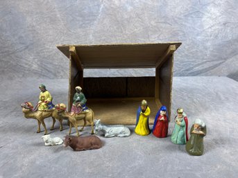 Vintage Nativity Set With Creche And Figurines