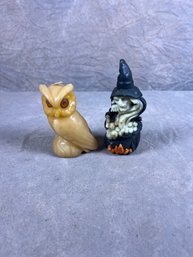 Set Of Two Unique Candles, Owl And Witch In Cauldron