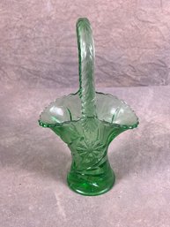 Vintage Green Depression Glass Basket With Braided Handle