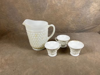Vintage Hobnail Milk Glass Pitcher And Grape Pattern Cups