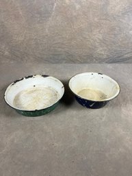 Antique Bowls With Blue And Green Swirled Enamel Finish