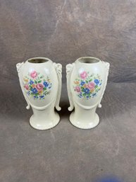 Pair Of Vintage Floral Porcelain Vases With Floral Handles