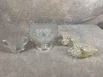 Group Of Four Pressed Glass Items, Glass Compote And Cups