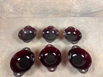 Set Of Six Ruby Red Glass Berry Bowls With Handles