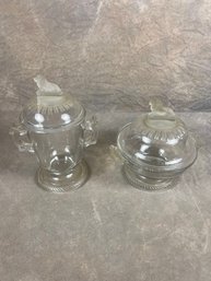 Pair Of Vintage Glass Candy Dishes With Lion Toppers