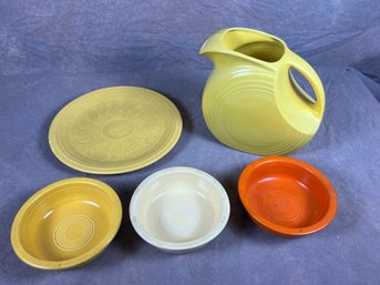 Vintage Fiestaware Pitcher, Plate And Bowls Set.