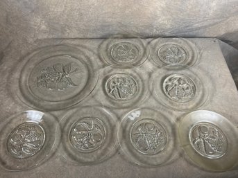 Set Of Nine Glass Plates With Fruit Design, Eight Small And One Big