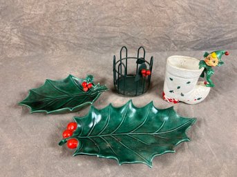 Vintage Christmas Decorative Plates, Candle Holder And Cup