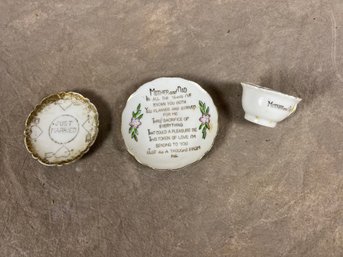 Miniature Tea Cup With Two Saucers, Mother And Dad Cup And Saucer Set And Just Married Saucer