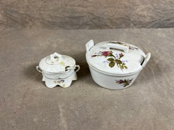 Vintage Porcelain Covered Dish Set With Spoon And Floral Decorations