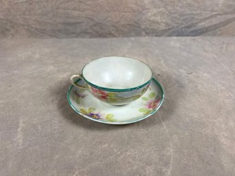 Hand Painted Teacup And Saucer Set With Raised Floral Detail Made In Japan