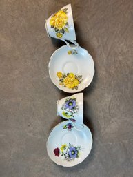 Duo Of Matching Teacup And Saucers With Floral Designs, Royal Ascot Bone China