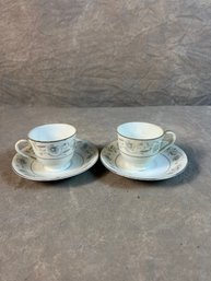Duo Of Matching Teacup And Saucers With Silver Rim, Blue And Yellow Florals, English Garden Fine China