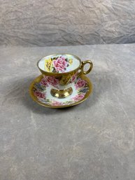 Rose Design Teacup And Saucer Set With Gold Accents, Royal Sealy China, Made In Japan