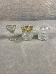 Group Of Three Mini Glass Items, Cups And Covered Bird Trinket
