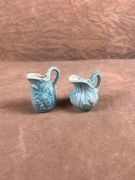 Duo Of Mini Ceramic Vase Pitchers, Blue Glazed With Floral Design