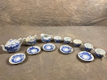 Blue Willow Pattern Large Tea Set, Teapot, Sugar Bowl, Pitcher, Cups And Plates