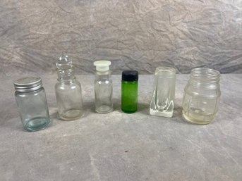 Group Of Six Small Glass Bottles, Jars And Barrel