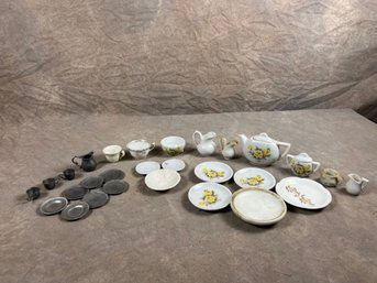 Large Group Of Various Mini Tea Sets, Ceramic And Metal Sets, Teapots, Cups, Creamers, Sugar Bowl And Saucers