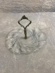 Vintage Clear Glass Plate With Metal Handle And Swirl Design