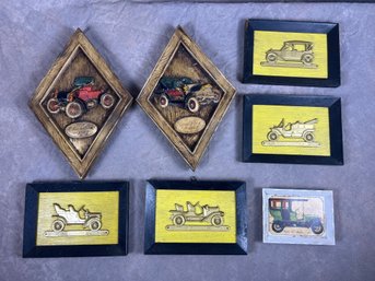 Group Of Seven Vintage Car Wall Art Set And Car Tray