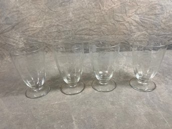 Set Of Four Etched Glass Footed Tumblers With Floral Design