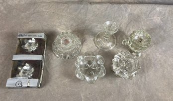 Group Of Seven Various Candle Holders, Clear Glass And Metal