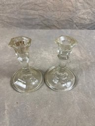 Set Of Two Vintage Clear Crystal Glass Candlestick Holders