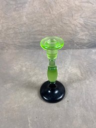 Vintage Green Vaseline Uranium Glass Candlestick Holder With Black Base
